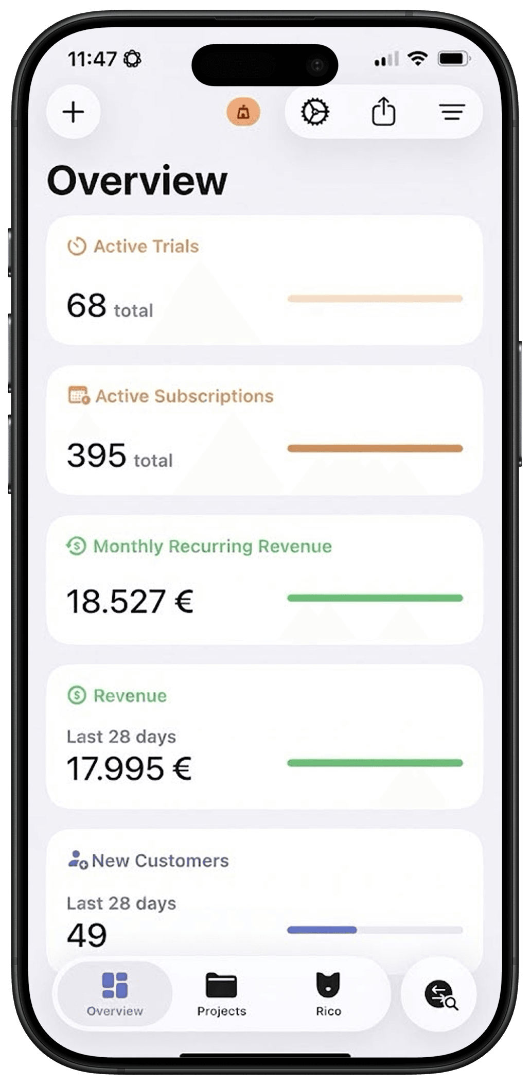 App-Ansicht mit laufenden Umsaetzen eines digitalen Produkts